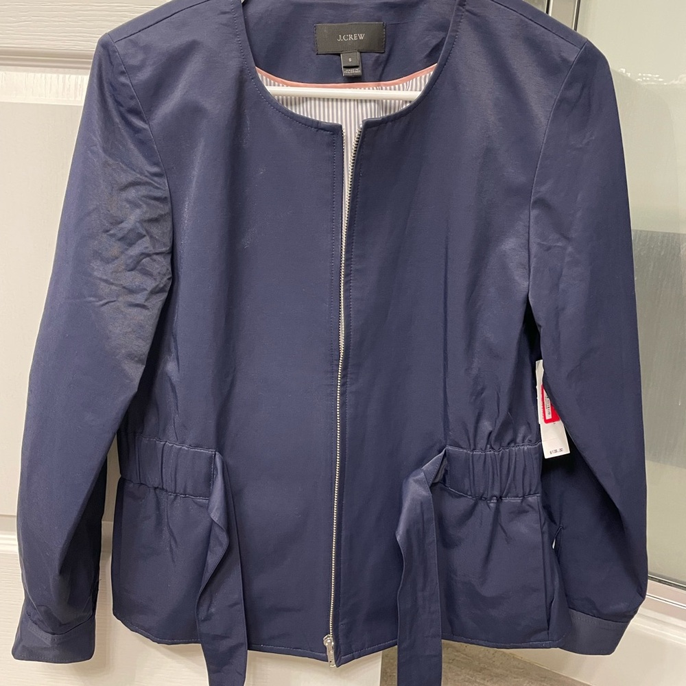 J Crew Tie Waist Collarless Navy Jacket Sz S